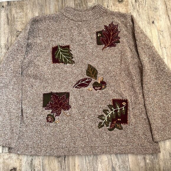 Draper's and Damon's Sweater Vintage Fall Women's M Brown Patchwork Leaves - Picture 1 of 9